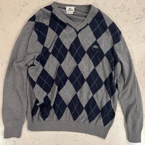 Grey Lacoste V Neck Sweater with Blue Accents
